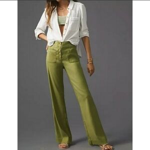 Maeve Anthropologie Relaxed Wide Leg Trouser Pant Green Linen Blend Size 12Long